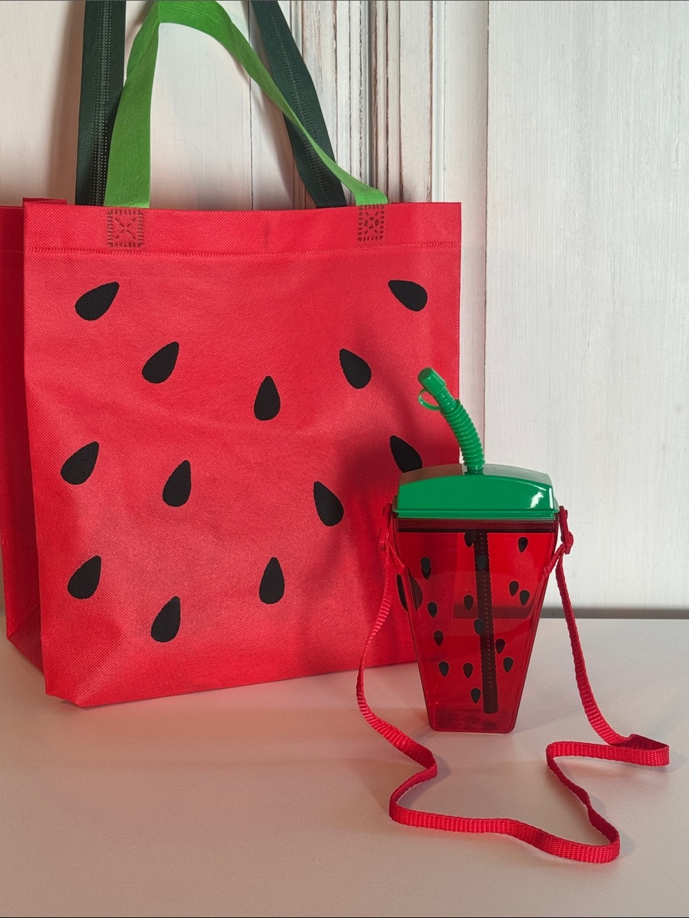 Watermelon Tote Bag with Matching Cup - Red & Green